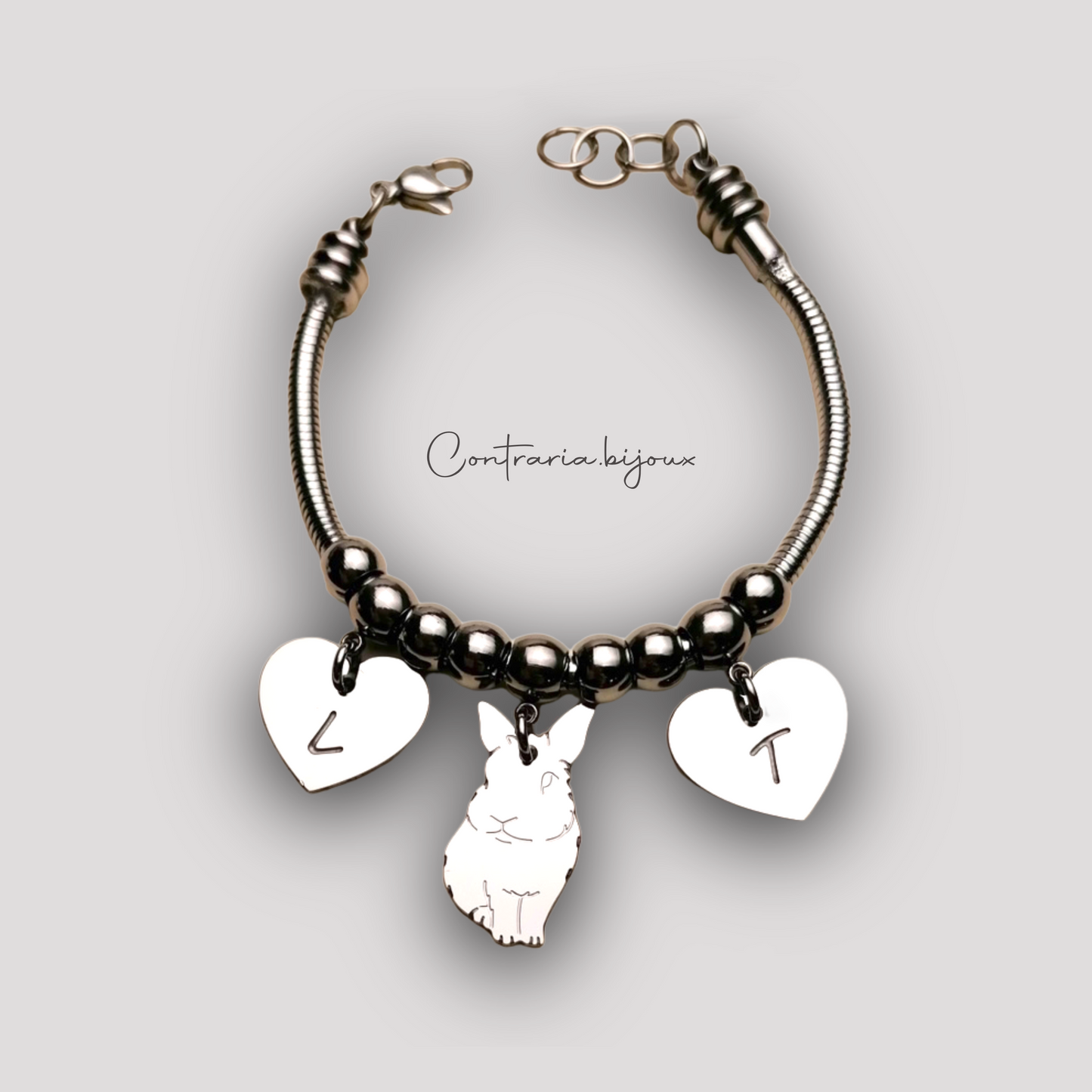 Rabbit Bracelet, Personalized Bracelet Rabbit Pendant and Heart with Engraved Name