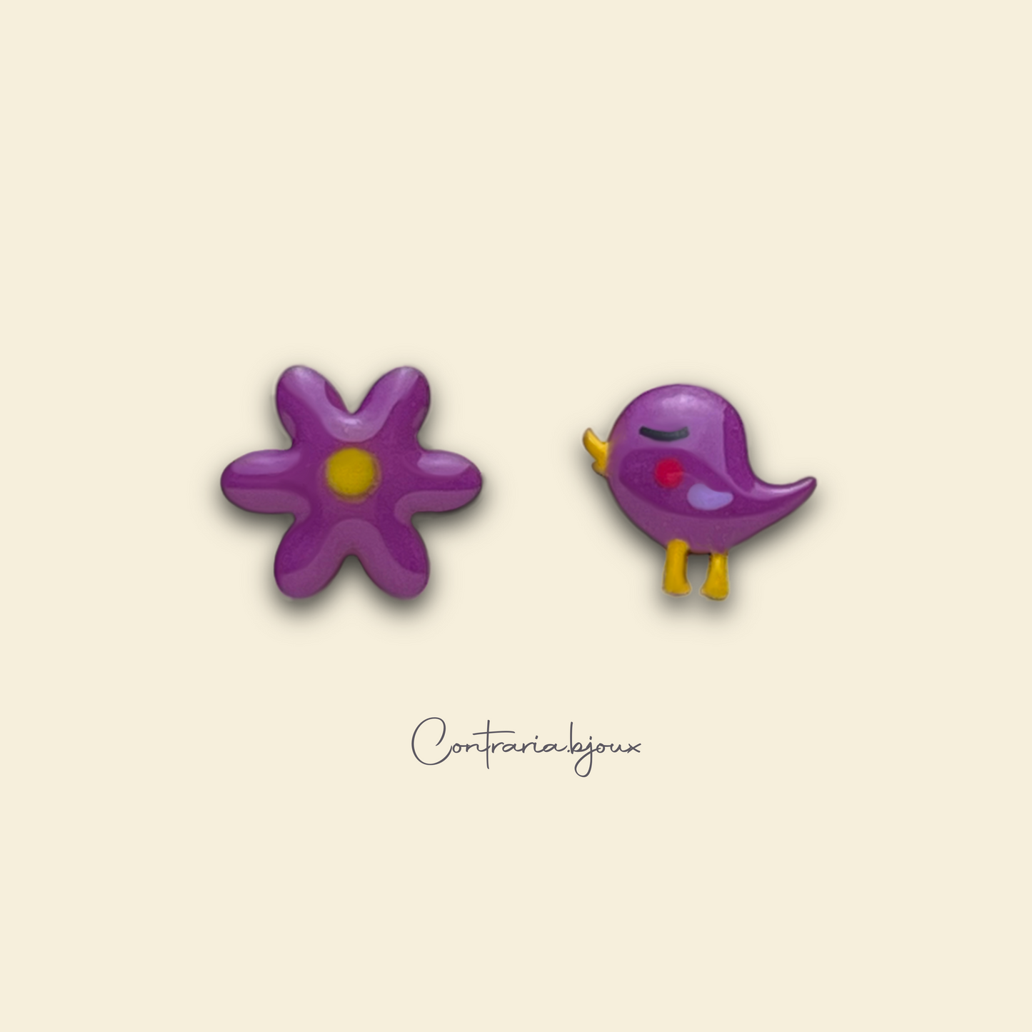 Bird and flower earrings | violet daisy