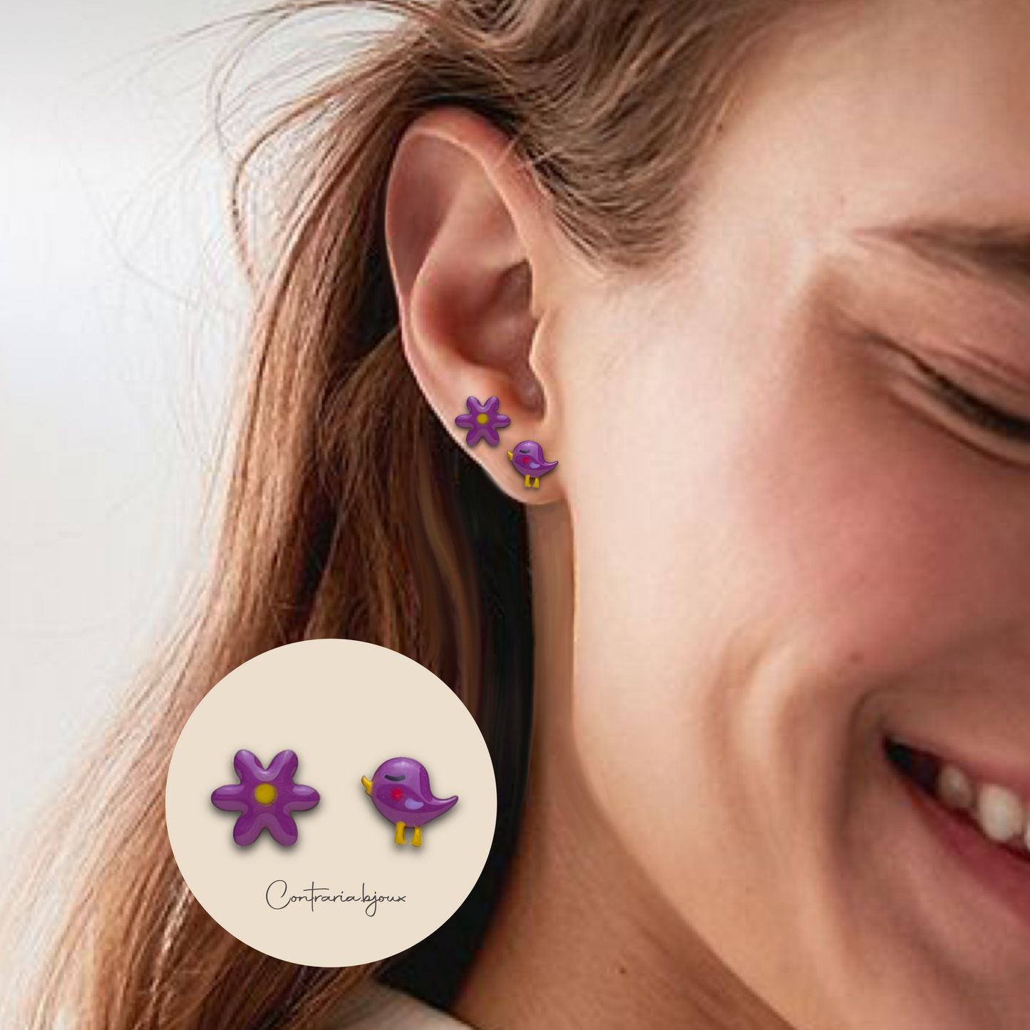 Bird and flower earrings | blue daisy