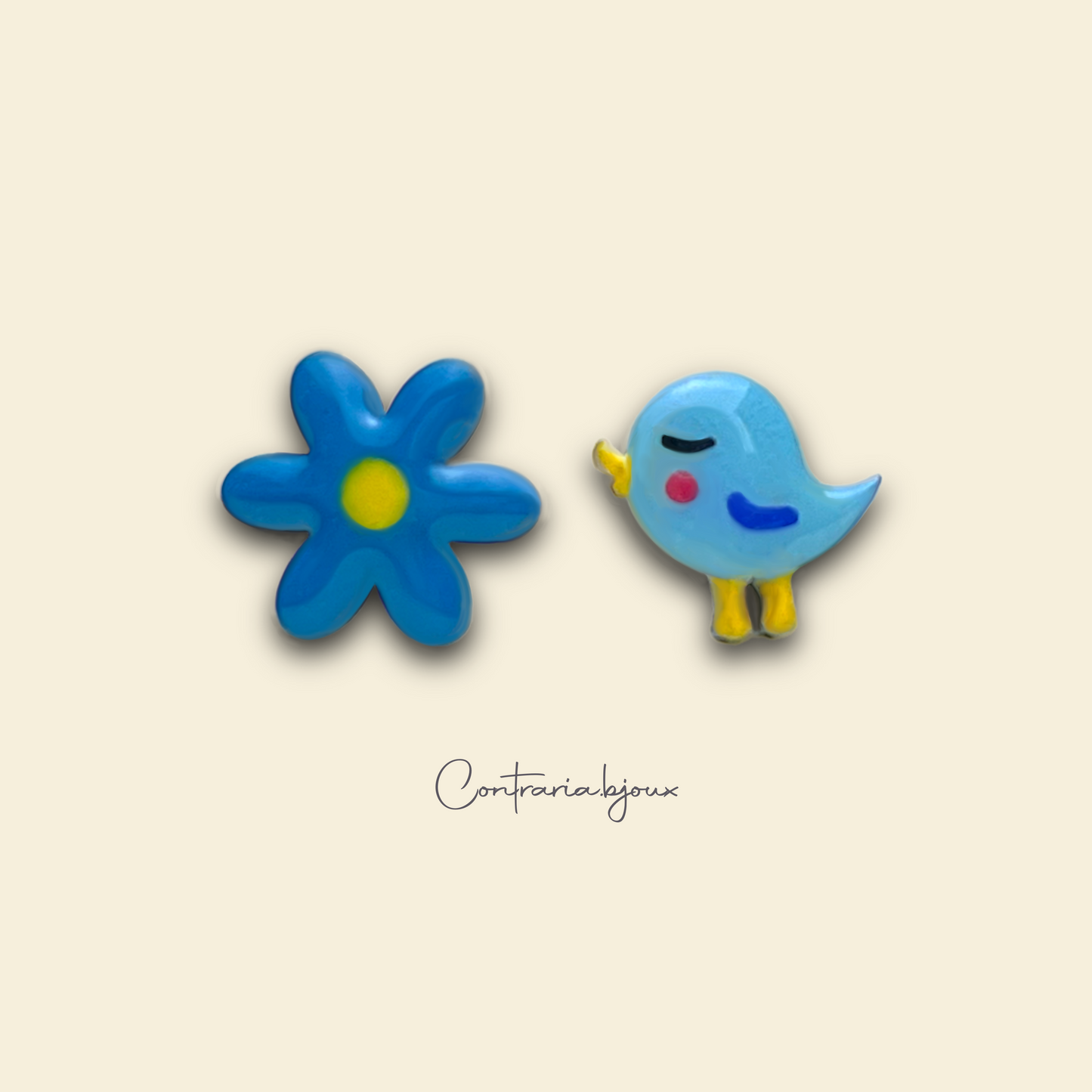 Bird and flower earrings | blue daisy