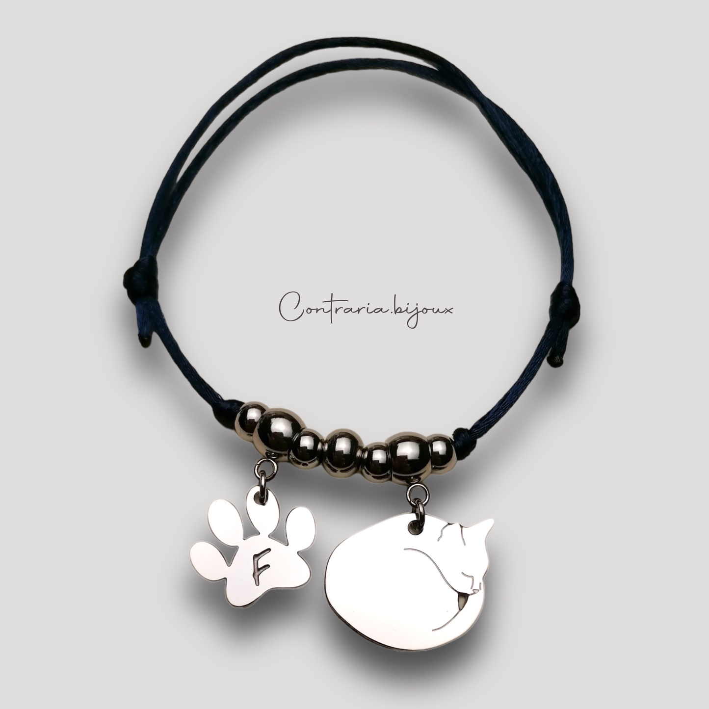 Cat Bracelet, Personalized Crouching Cat with Engraving, Cat Paw with Engraved Initial