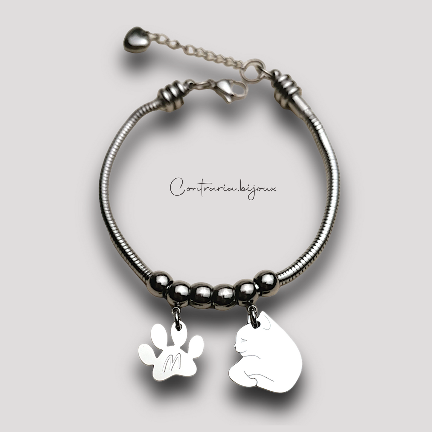 Cat and Paw Bracelet with Engraved Initial