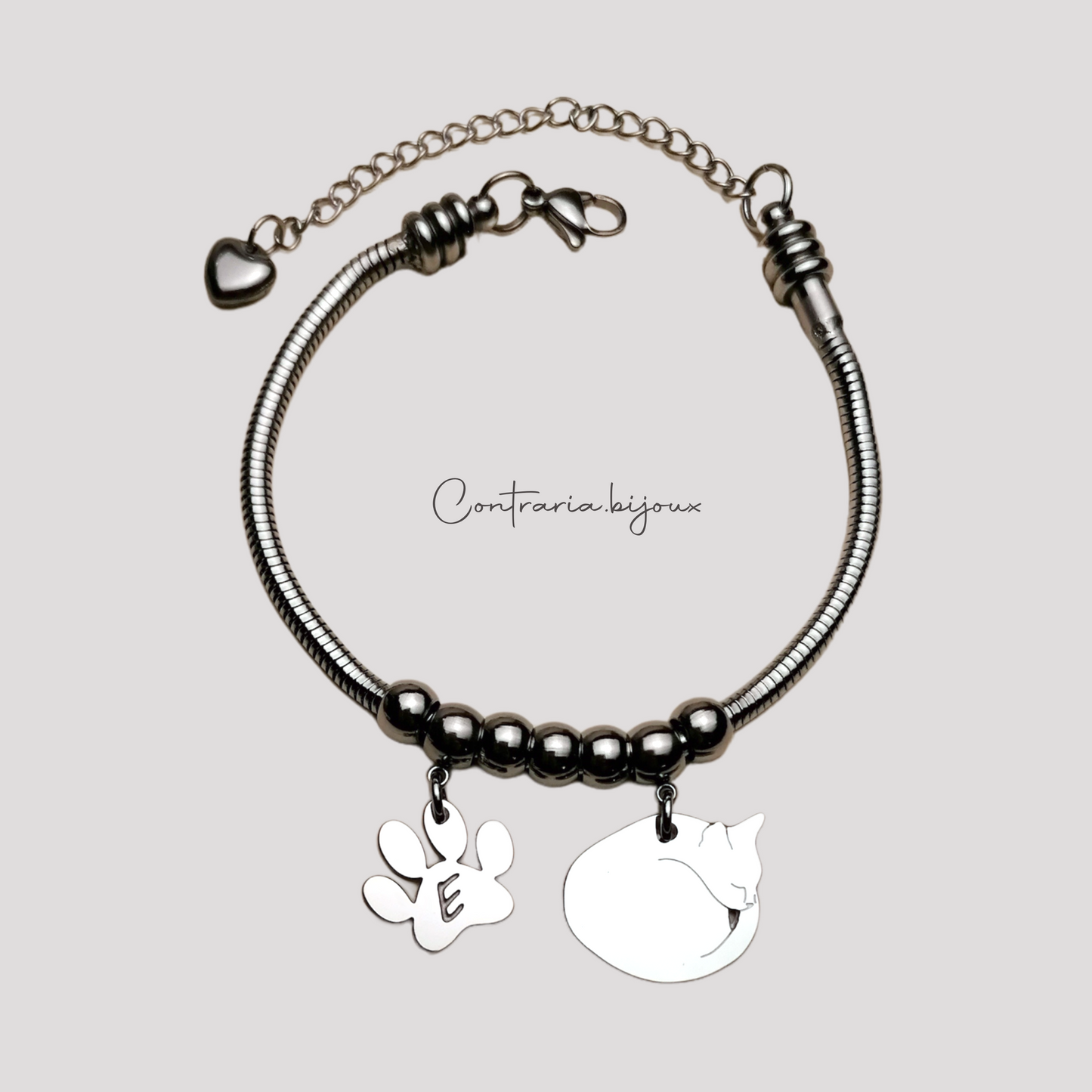 Cat Bracelet, Personalized Crouching Cat with Engraving, Cat Paw with Engraved Initial