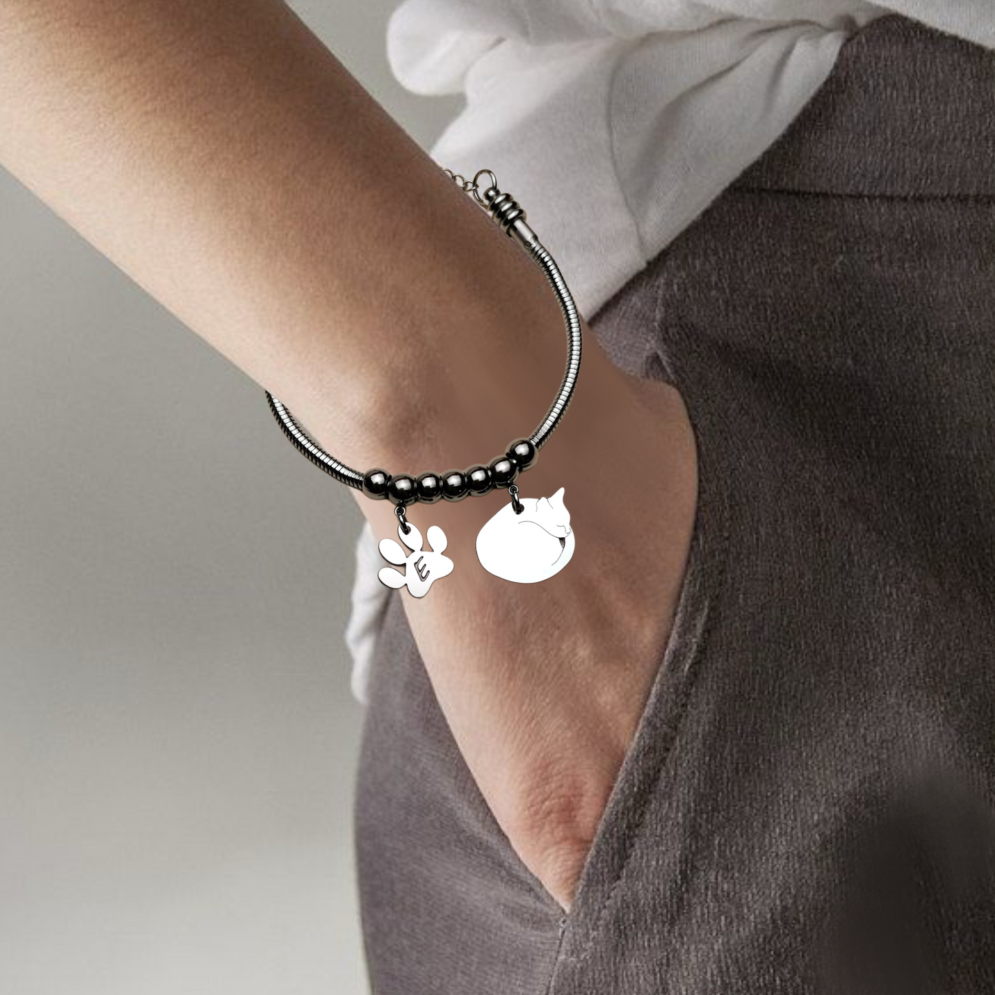 Cat Bracelet, Personalized Crouching Cat with Engraving, Cat Paw with Engraved Initial