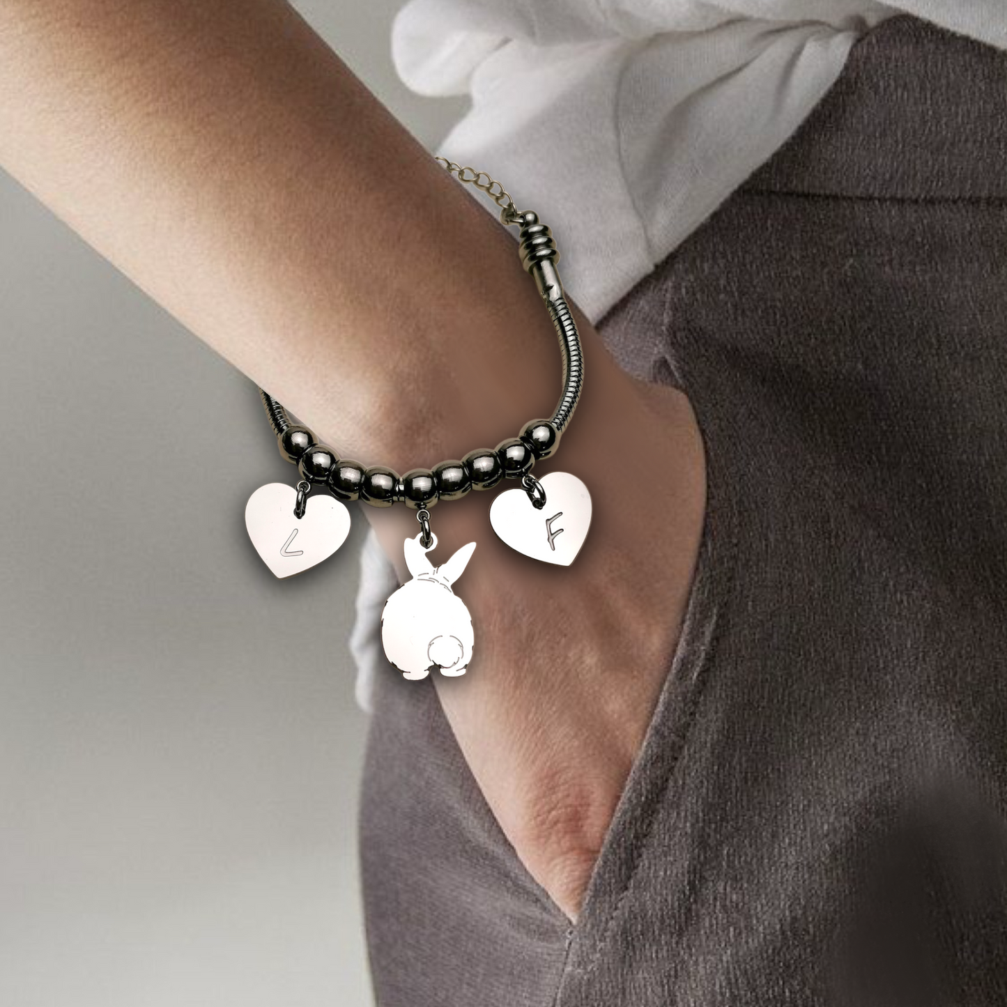 Rabbit Bracelet with Pom Pom Tail, Personalized Rabbit Bracelet and Heart with Engraved Name