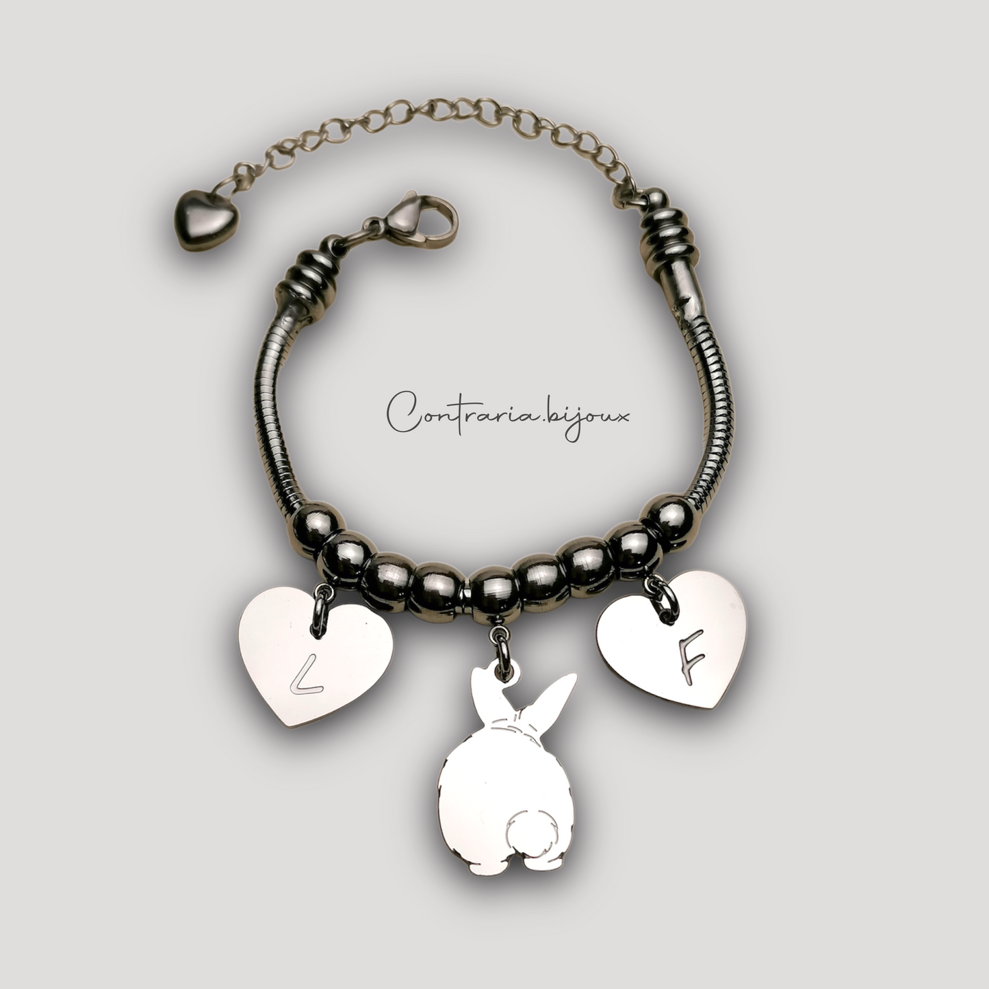 Rabbit Bracelet with Pom Pom Tail, Personalized Rabbit Bracelet and Heart with Engraved Name