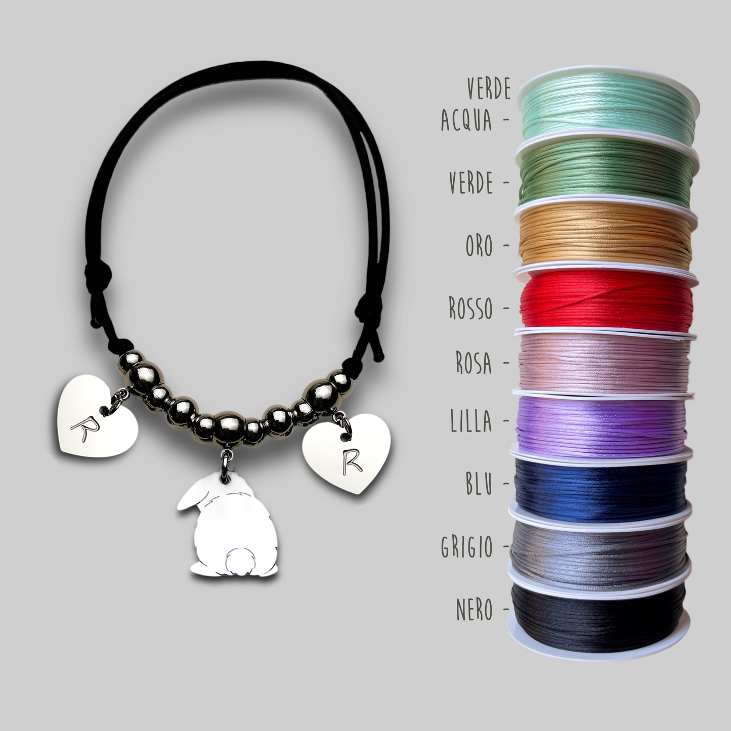 Bracelet Lop Rabbit Pom Pom Tail, Personalized Lop Rabbit Pom Tail and Heart Bracelet with Engraved Name