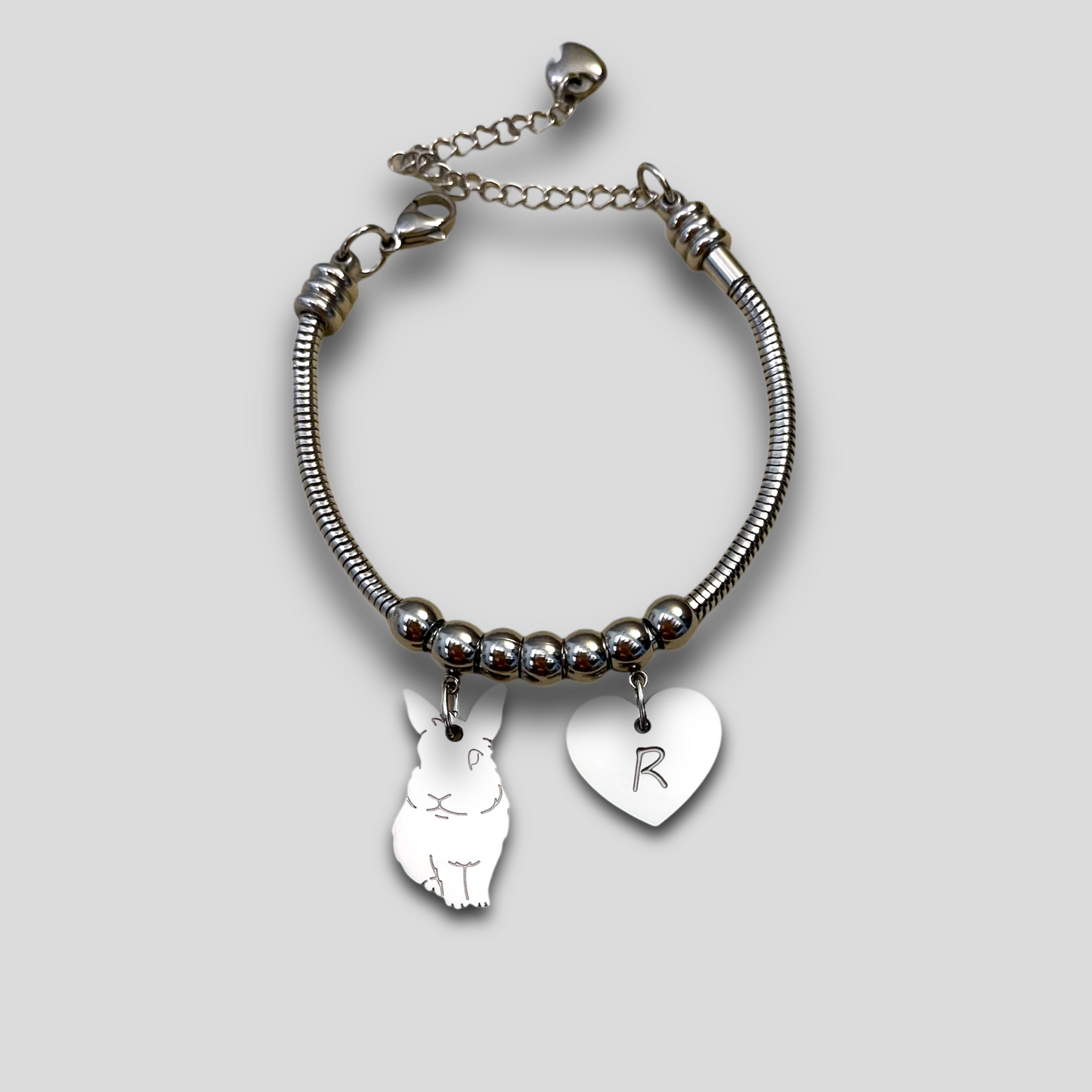 Rabbit Bracelet, Personalized Bracelet Rabbit Pendant and Heart with Engraved Name