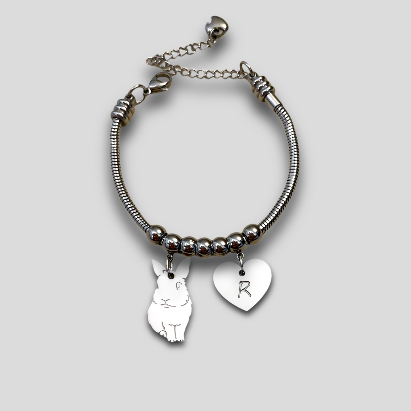 Rabbit Bracelet, Personalized Bracelet Rabbit Pendant and Heart with Engraved Name