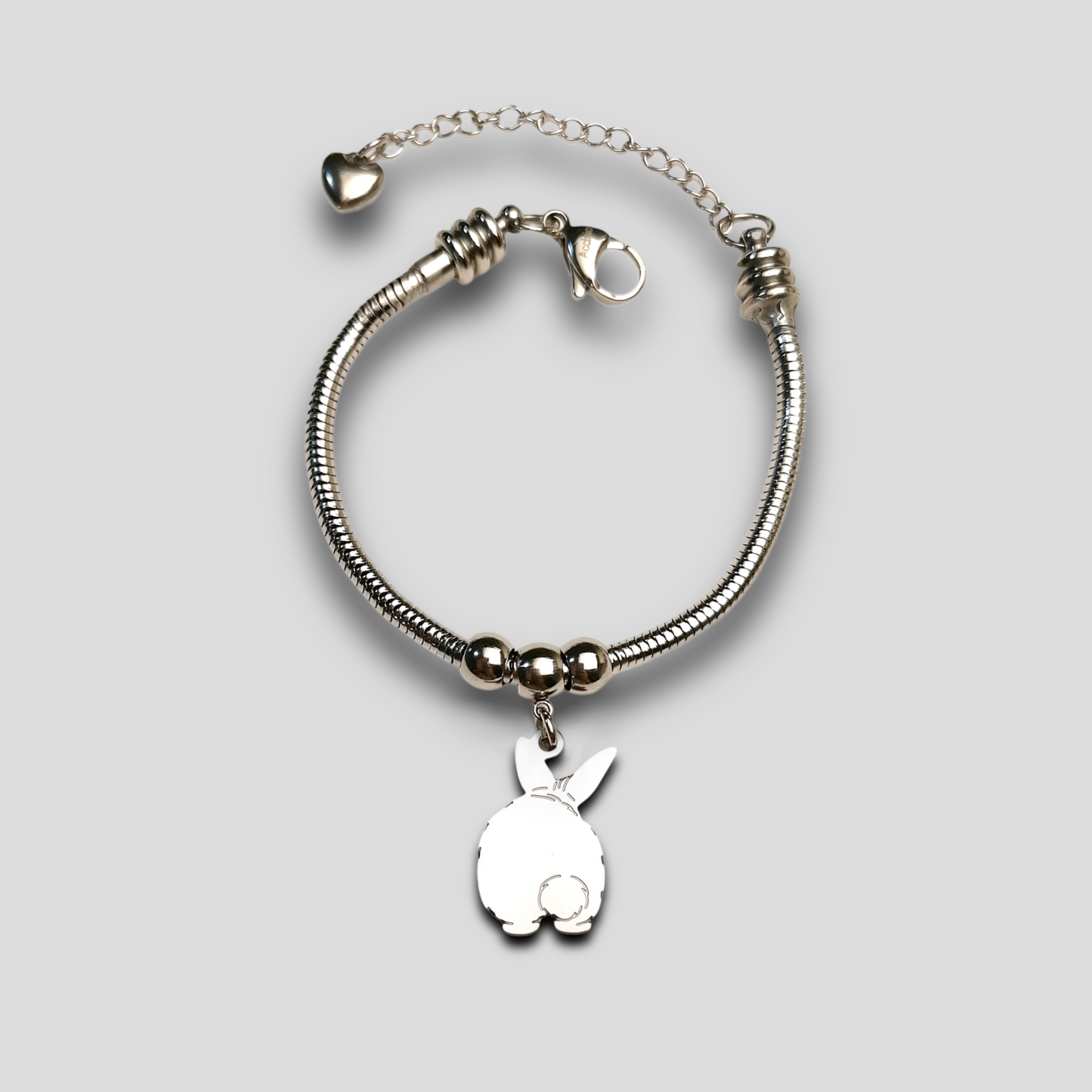 Rabbit Bracelet with Pom Pom Tail, Personalized Rabbit Bracelet and Heart with Engraved Name