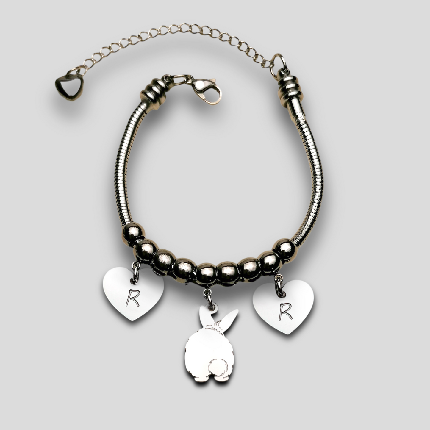 Rabbit Bracelet with Pom Pom Tail, Personalized Rabbit Bracelet and Heart with Engraved Name