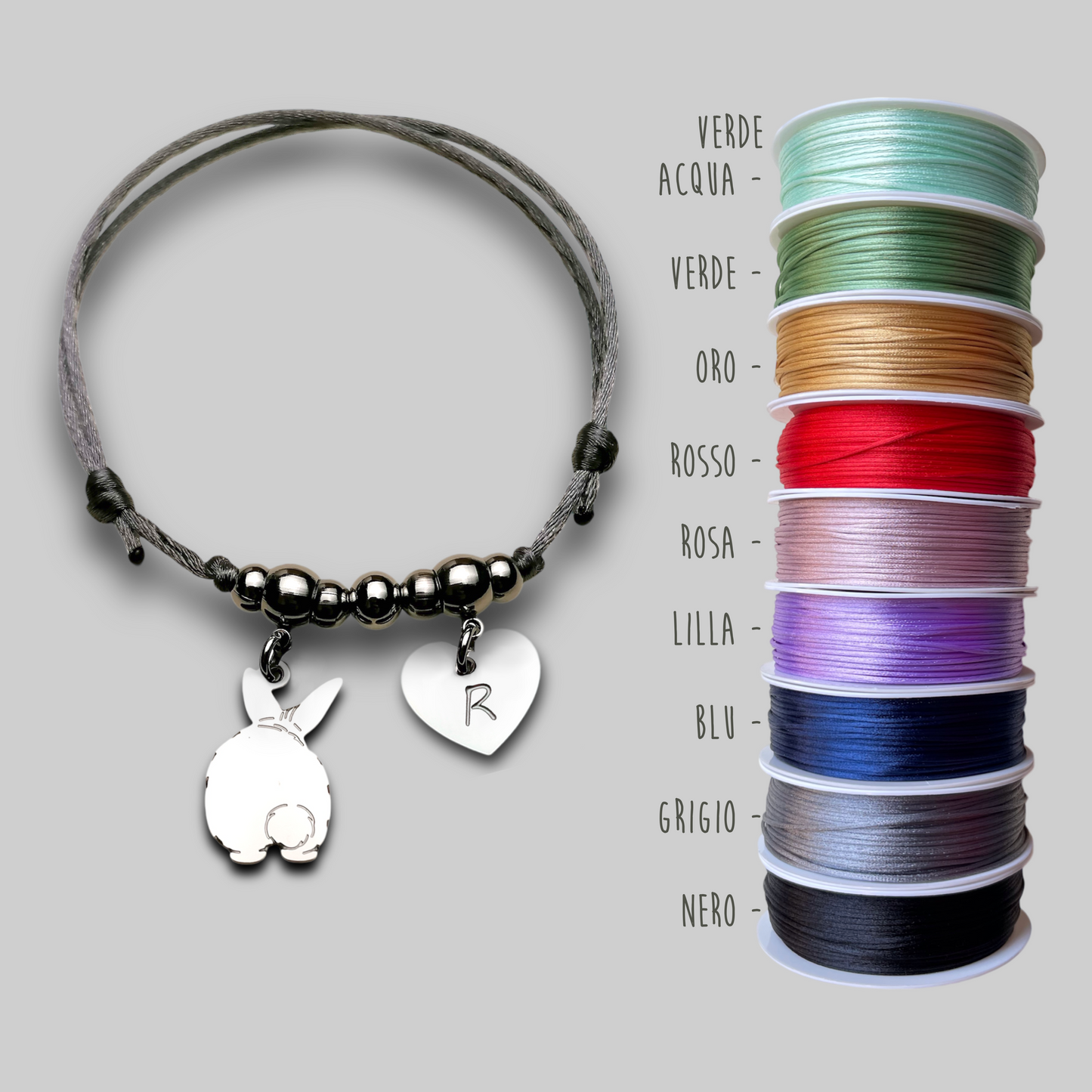 Rabbit Bracelet with Pom Pom Tail, Personalized Rabbit Bracelet and Heart with Engraved Name