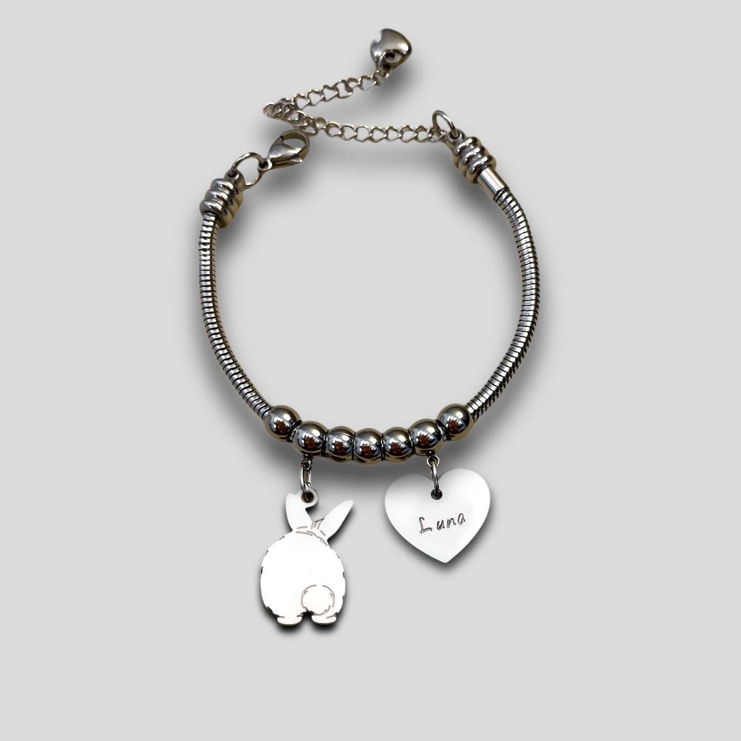 Rabbit Bracelet with Pom Pom Tail, Personalized Rabbit Bracelet and Heart with Engraved Name