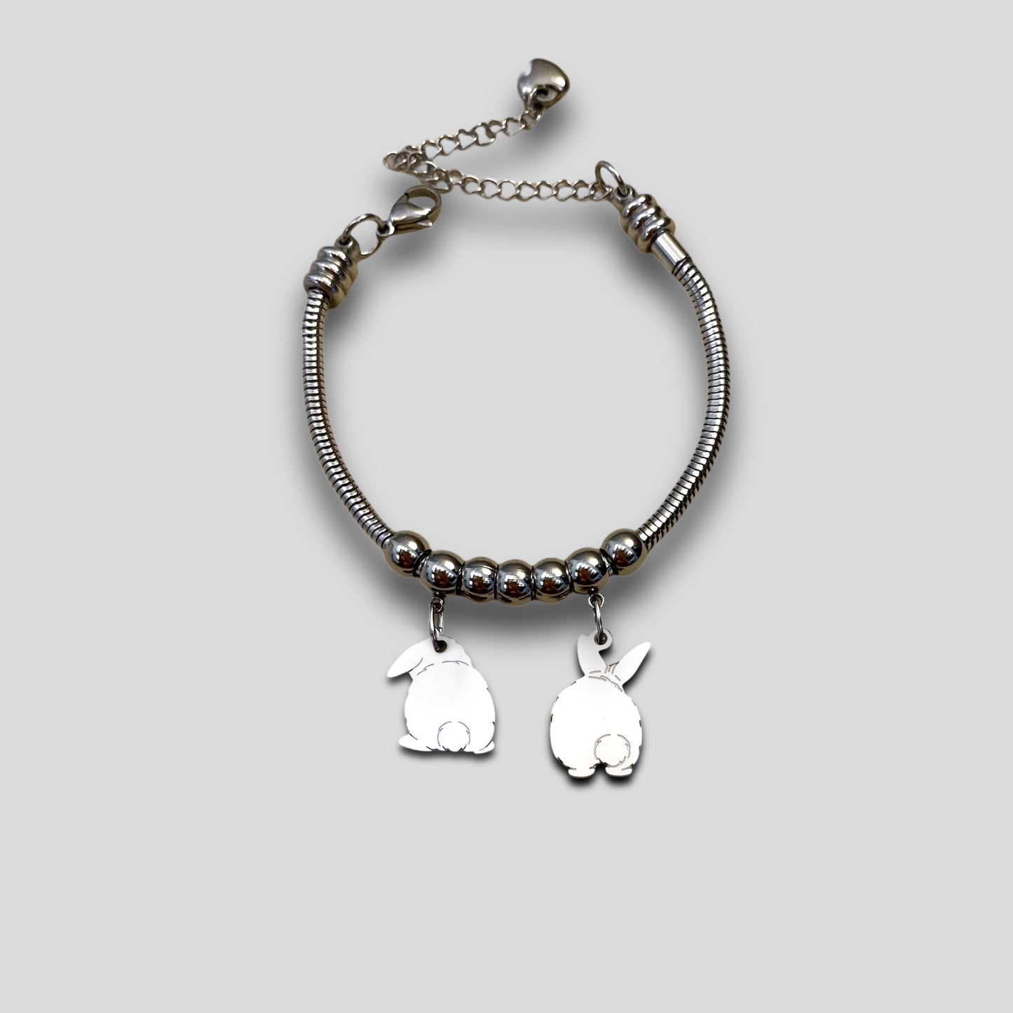 Rabbit Bracelet with Pom Pom Tail, Personalized Rabbit Bracelet and Heart with Engraved Name