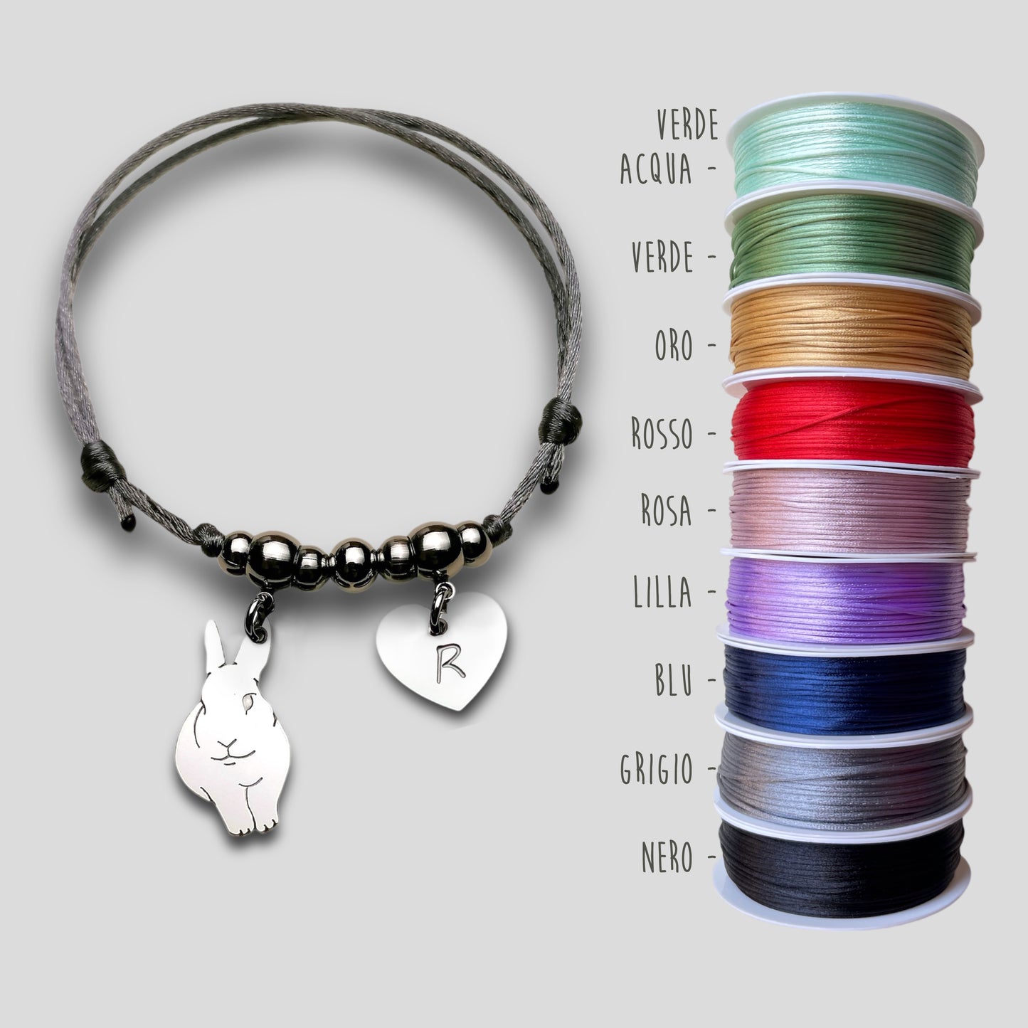 Bracciale Coniglio e ciondolo cuore con iniziale incisa, Bracciale coniglietto, bracciale coniglio