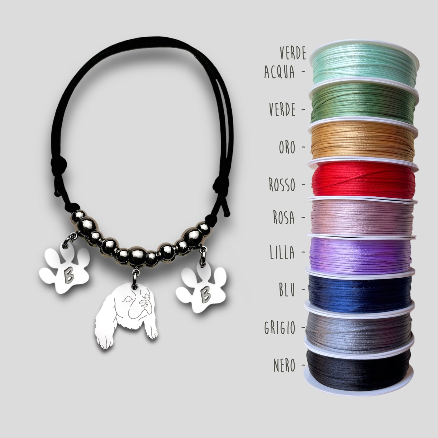 Bracciale Cane Cavalier King e zampa con iniziale incisa, Bracciale cane Cavalier King, Ciondolo cavalier king