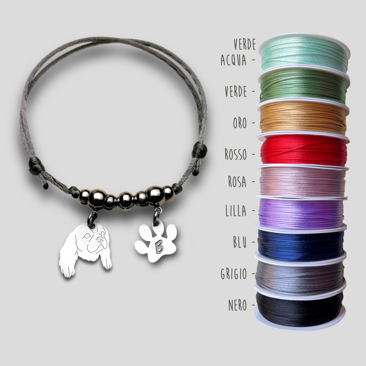 Bracciale Cane Cavalier King e zampa con iniziale incisa, Bracciale cane Cavalier King, Ciondolo cavalier king