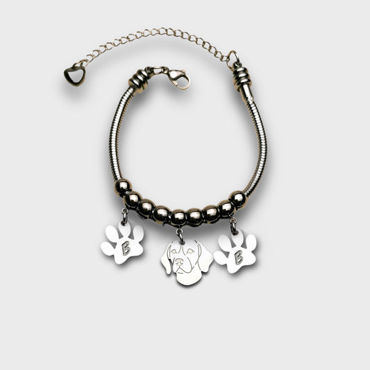 Bracciale Cane Beagle e zampa con iniziale incisa, Bracciale cane Beagle personalizzato