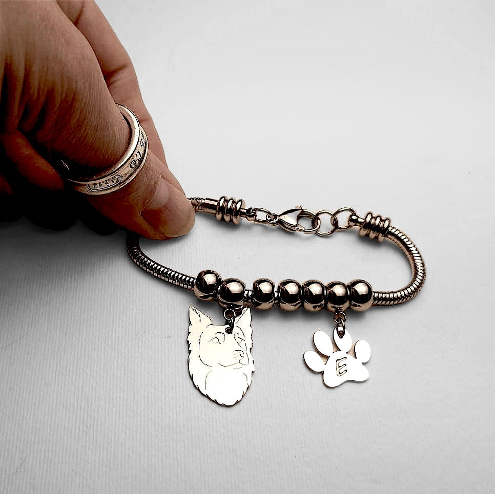 Border Collie Dog Bracelet and Paw with Engraved Initial