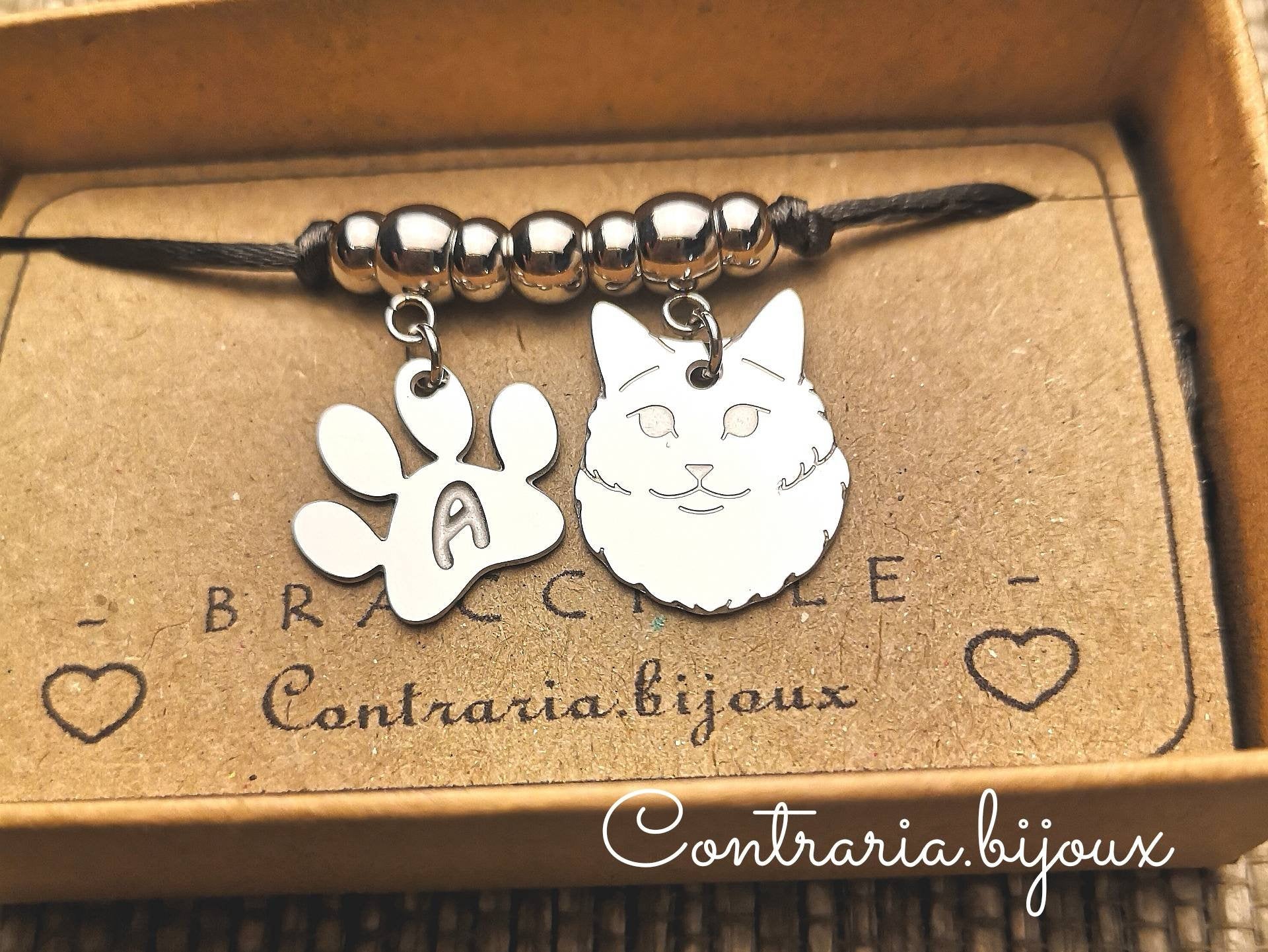 Bracciale Gatto Norvegese e zampa con iniziale incisa - ContrariaBijoux